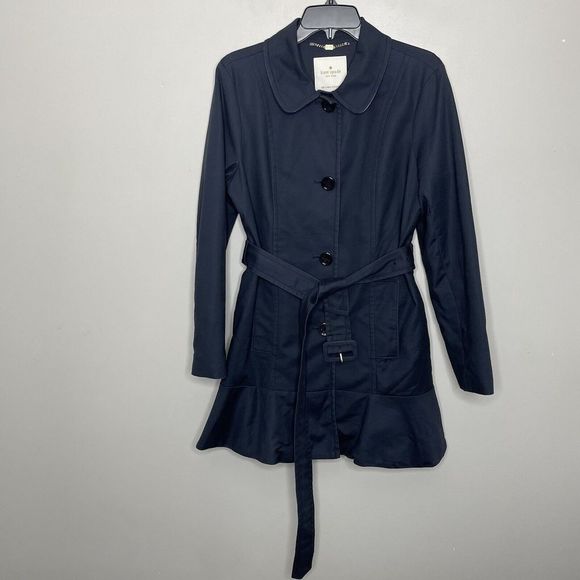 KATE SPADE Womens Blue Button-Front Ruffle-Trim Coat Medium M Lined Cotton-Blend - Picture 1 of 12
